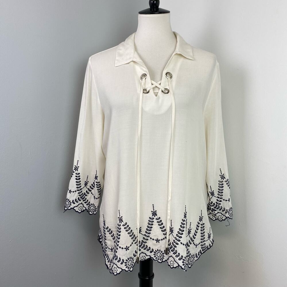 NEW Kay Celine Ivory Floral Embroidered Blouse Size Large